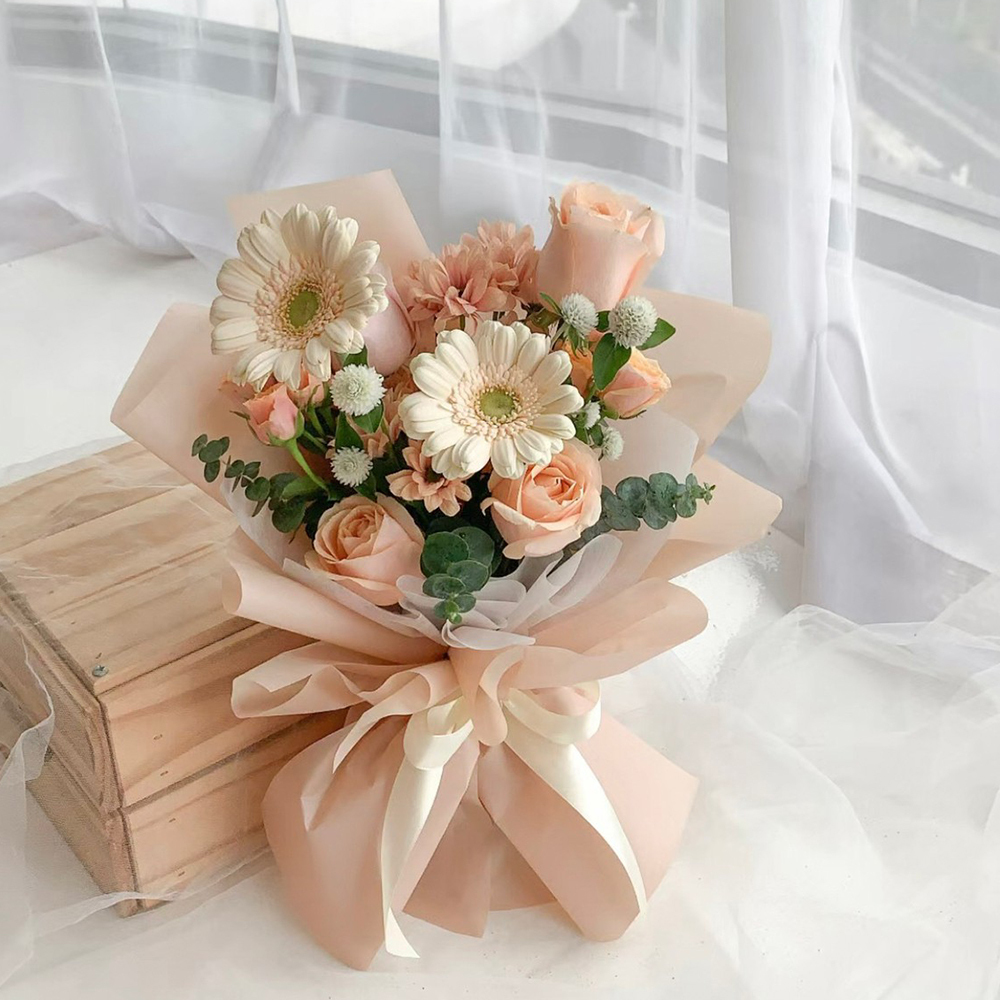 奶油橘 太陽花&玫瑰花束