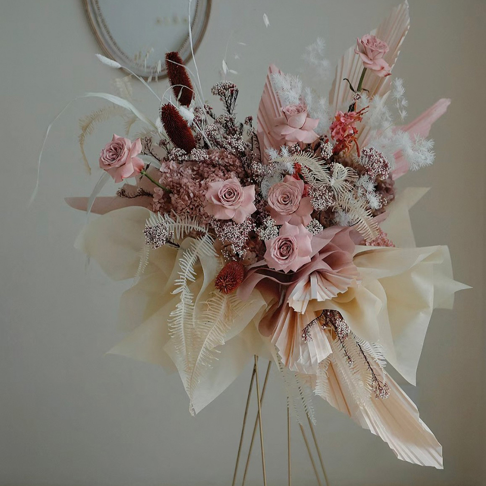 紅粉色系 永生花高架花籃