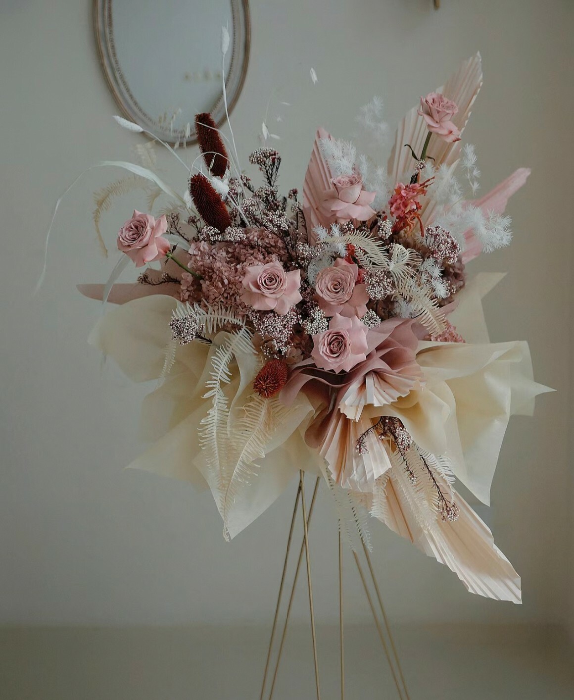 紅粉色系 永生花高架花籃