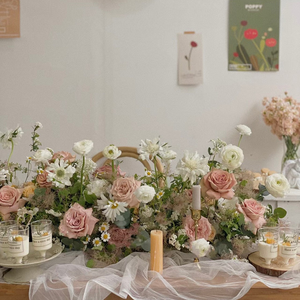 粉白 田園風格餐桌花