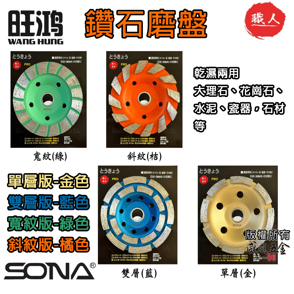 SONA 旺鴻｜4" 鑽石磨盤 乾濕兩用扇型鎢鋼磨盤 大理石花崗石水泥 砂輪機磨片 牆壁難磨石材 單層 雙層 寬紋 斜紋 ｜