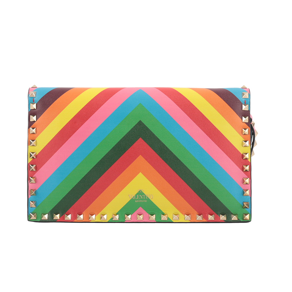 【VALENTINO】V型彩色皮革鉚釘附提把手拿包 IW2B0399NPI P12