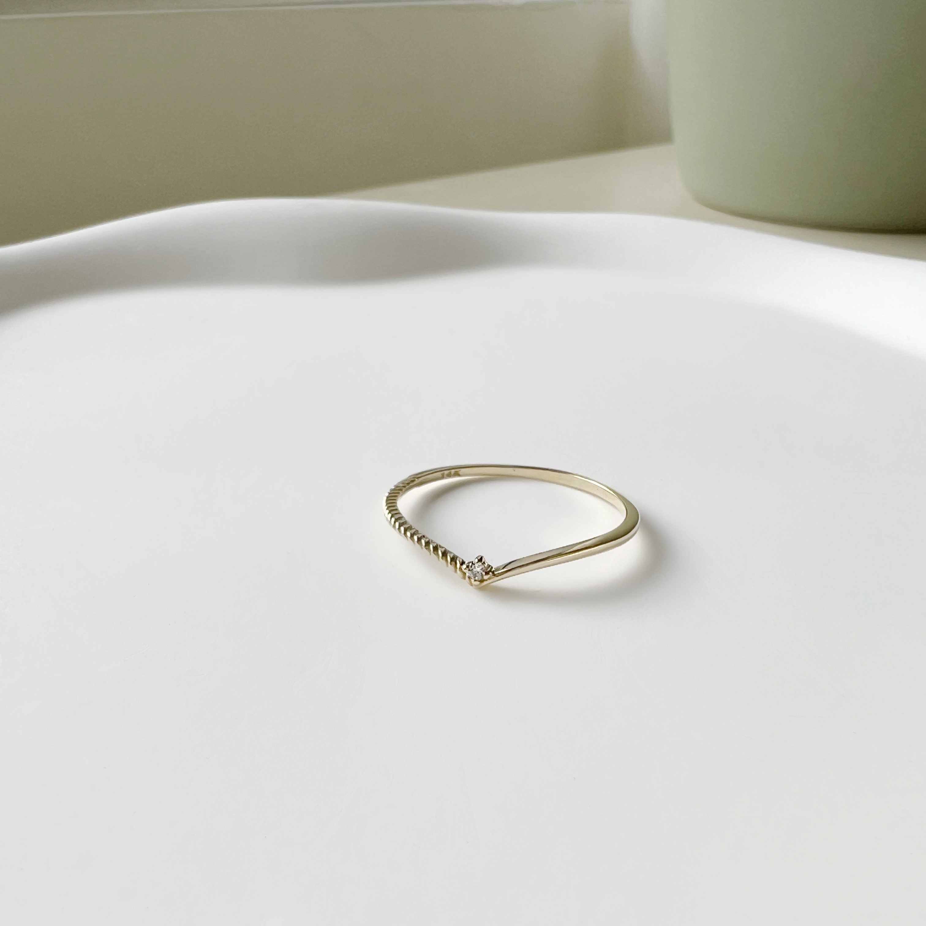 14K半邊麻花海鷗白鑽戒指