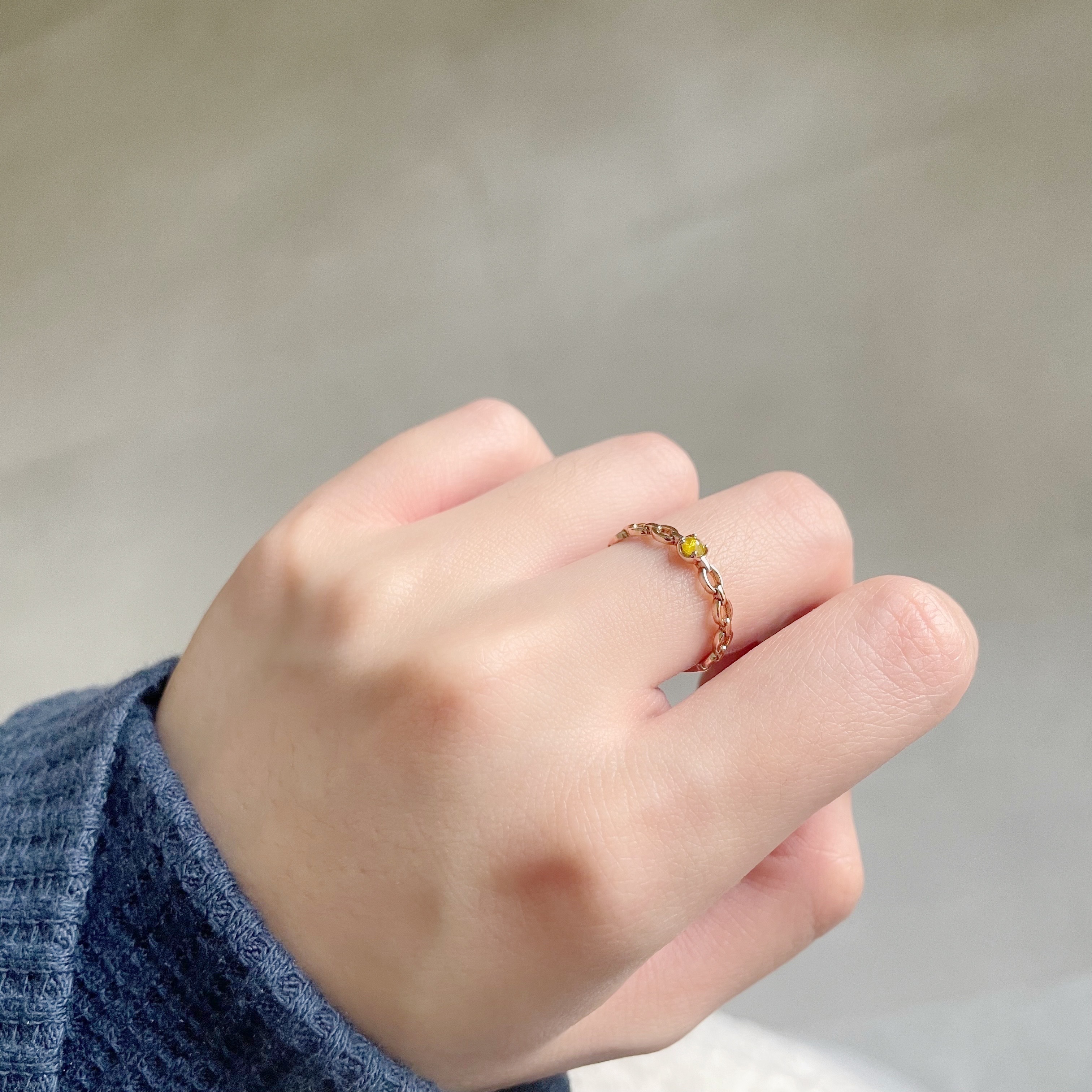 14k簍空鍊條感黃鑽原礦戒指