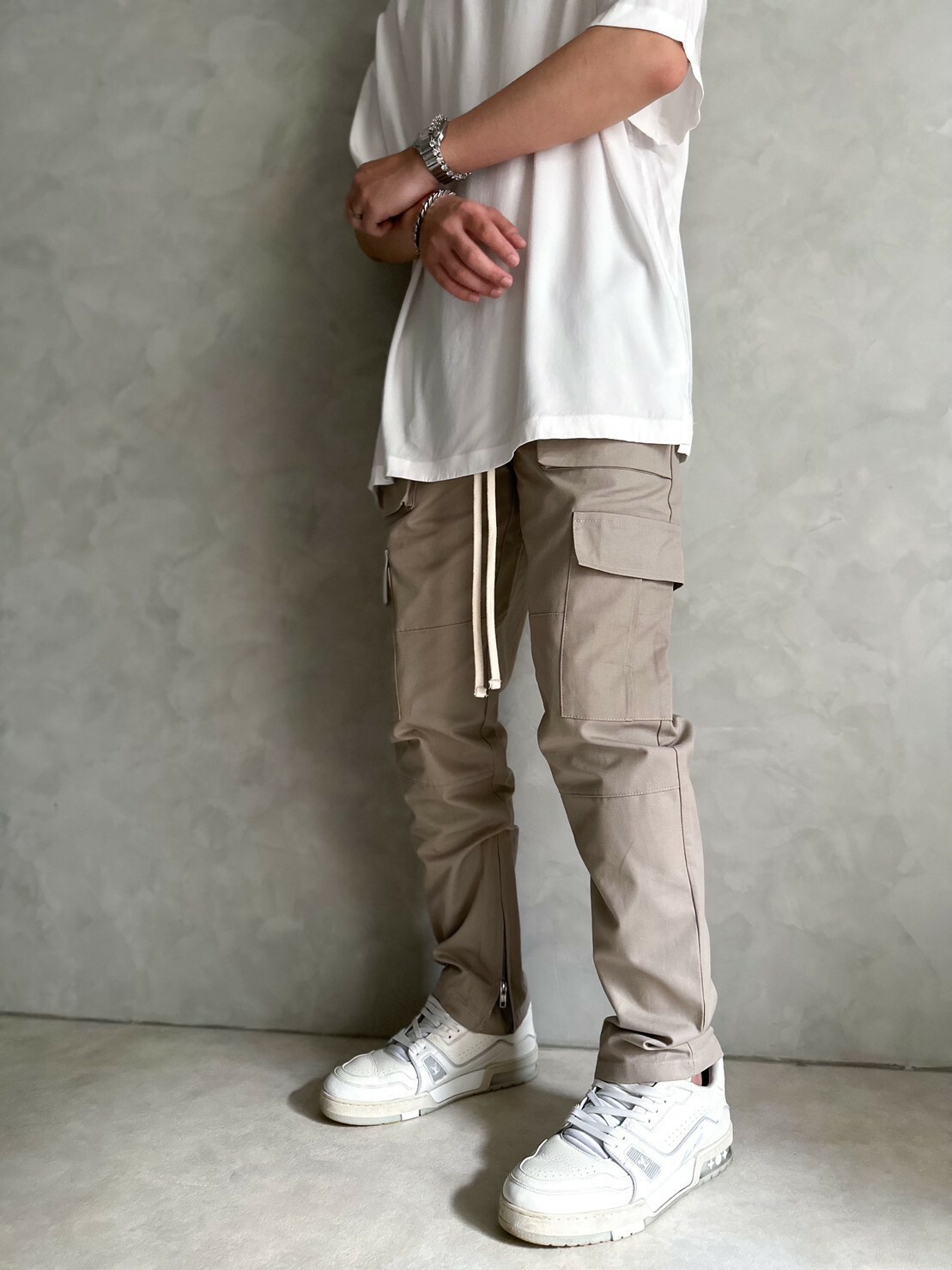 SKPN 多口袋 長抽繩 竹節紋 拉鍊工作長褲 VIBE Cotton-Canvas Cargo Pants