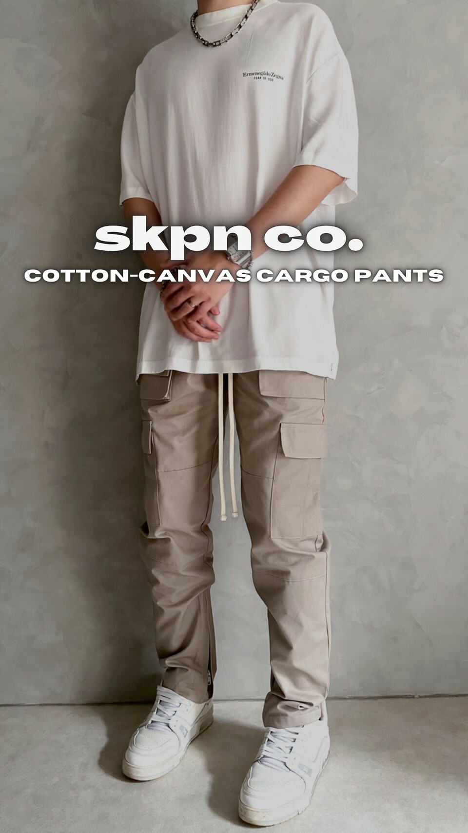 SKPN 多口袋 長抽繩 竹節紋 拉鍊工作長褲 VIBE Cotton-Canvas Cargo Pants