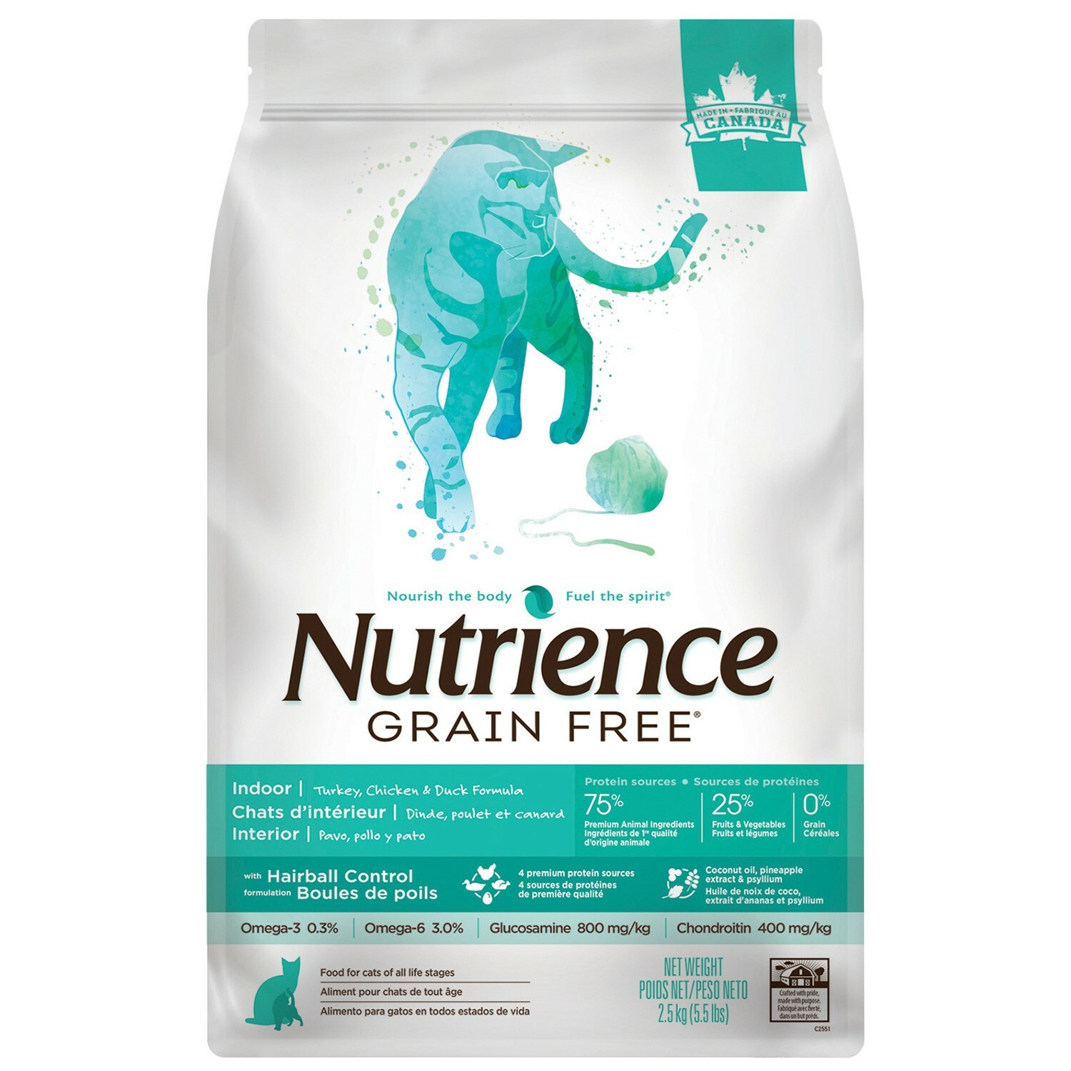 Nutrience – Grain Free 無穀物 火雞+雞+鴨 室內貓配方 Indoor Turkey+Chicken+Duck (綠) 2.5kg (買2包$550)