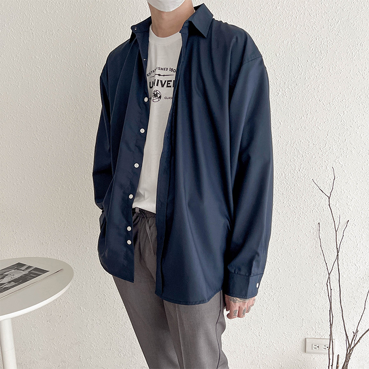 高質感平織素面長袖襯衫 立領 微寬版