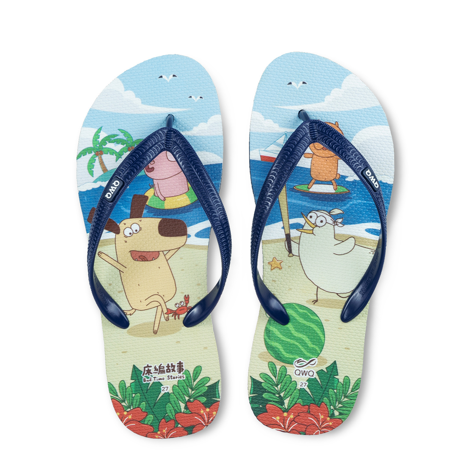 床編故事 小夥伴玩水趣 男款粗帶人字夾腳拖鞋 藏青藍