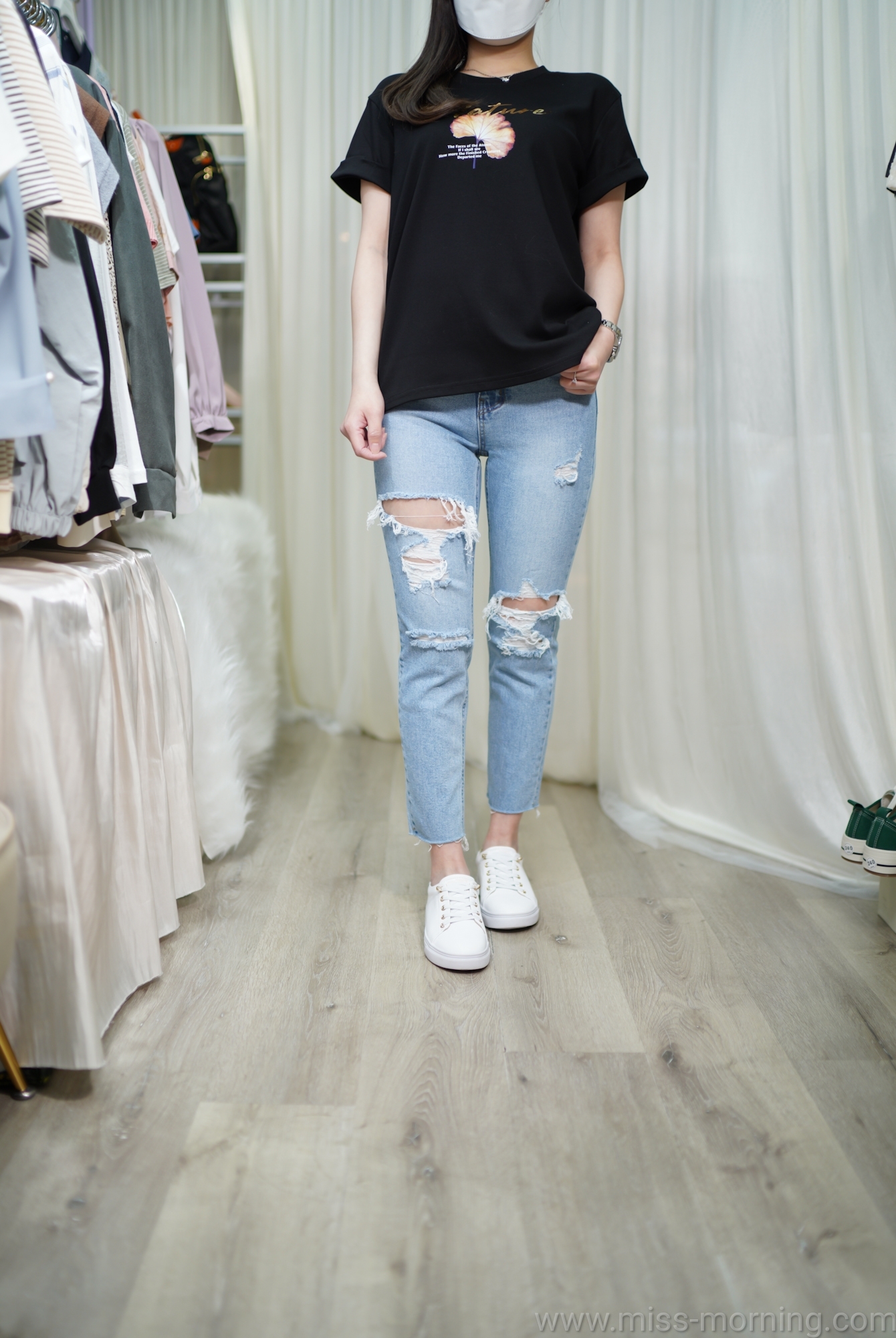 反袖樹葉圖案上衣(13091)&散熱爛牛仔褲(33515)