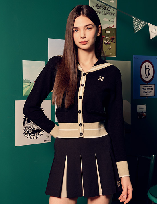 女款 M10【韓國Benjefe Golf同步】7折起/學院風海軍領撞色鈕扣式短款開衫針織/高爾夫球女裝