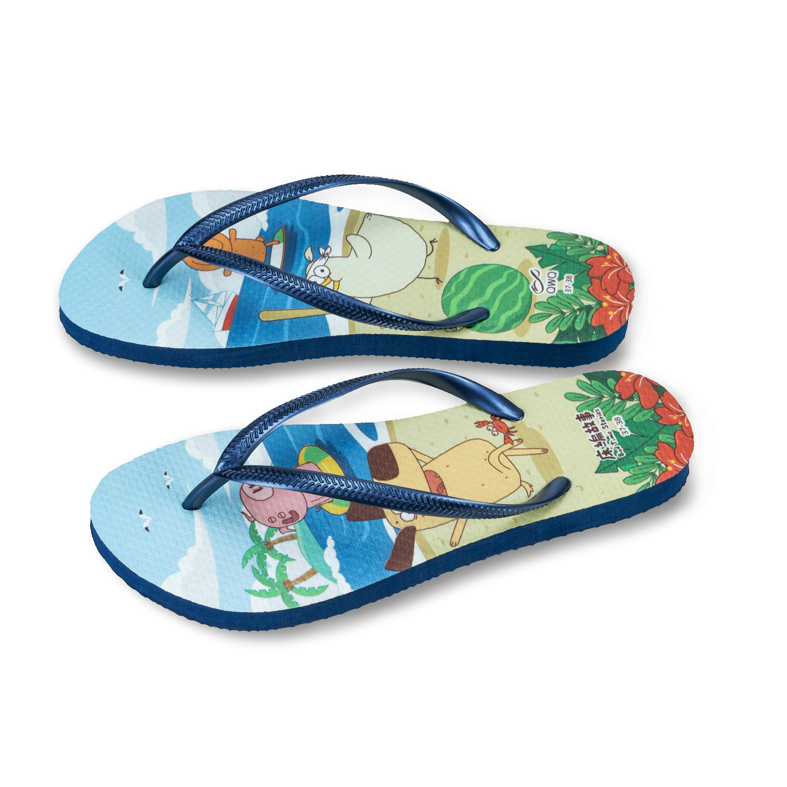 床編故事 小夥伴玩水趣 女款細帶人字夾腳拖鞋 藏青藍