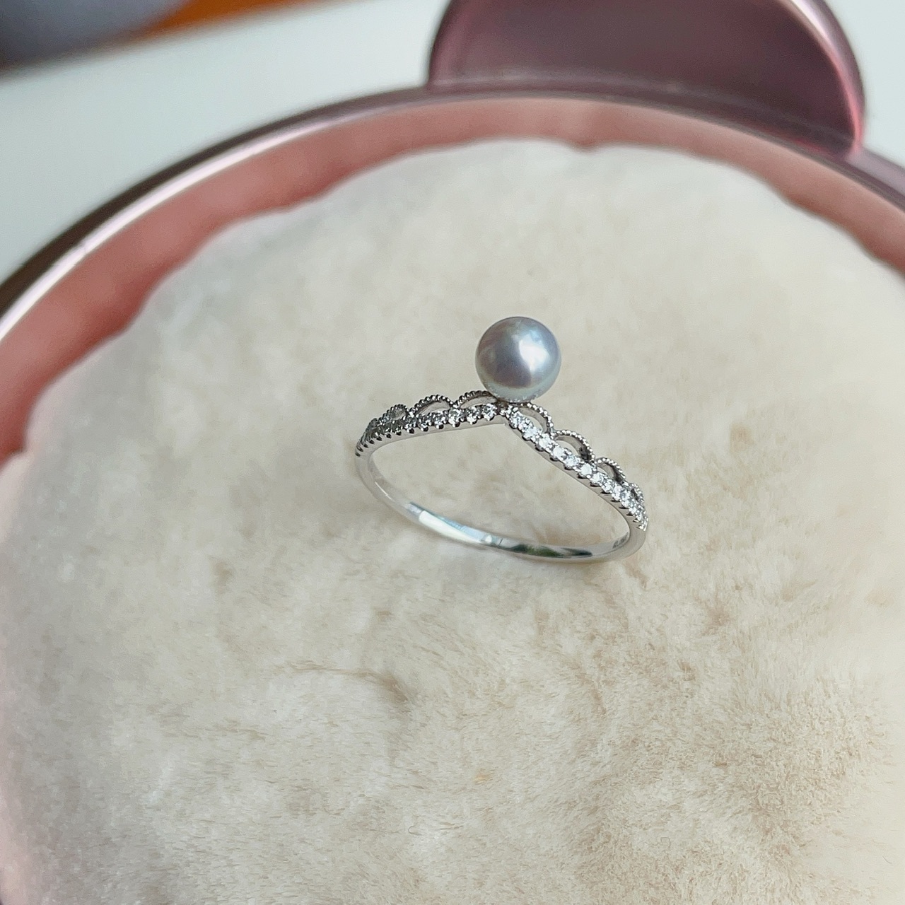 18K金日本Akoya蕾絲鑲鑽戒指 (4-5mm)