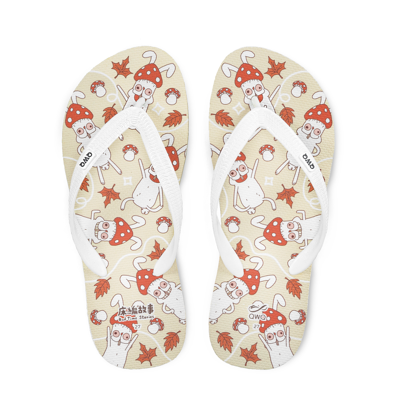 床編故事 菇兔君之舞 男款粗帶人字夾腳拖鞋 牛奶白