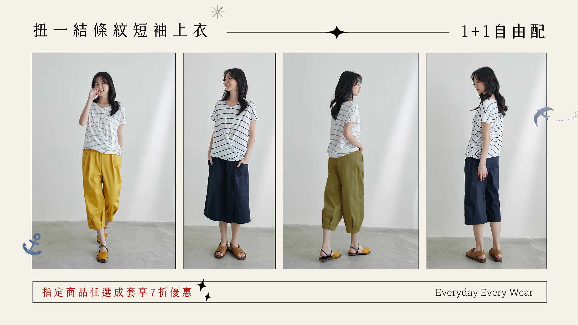 【官網限定】扭一結條紋短袖上衣搭配指定下身享成套7折優惠 (無法與會員優惠並用)