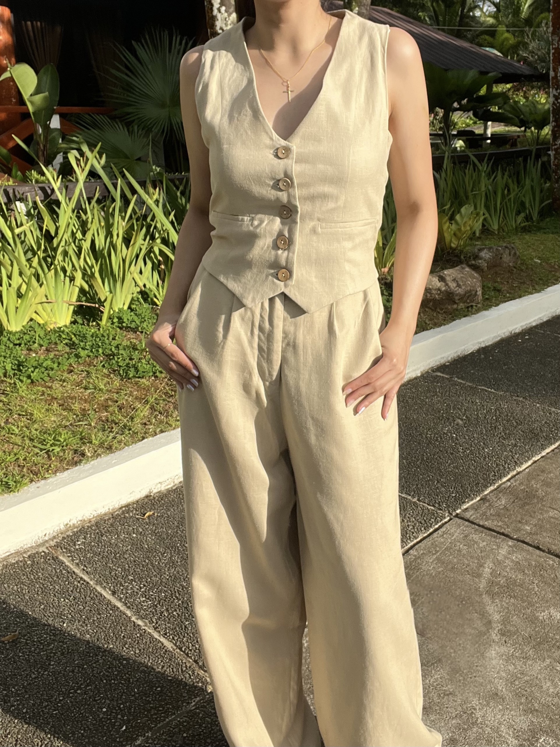Calla Linen Waistcoat + Pants Set - Khaki