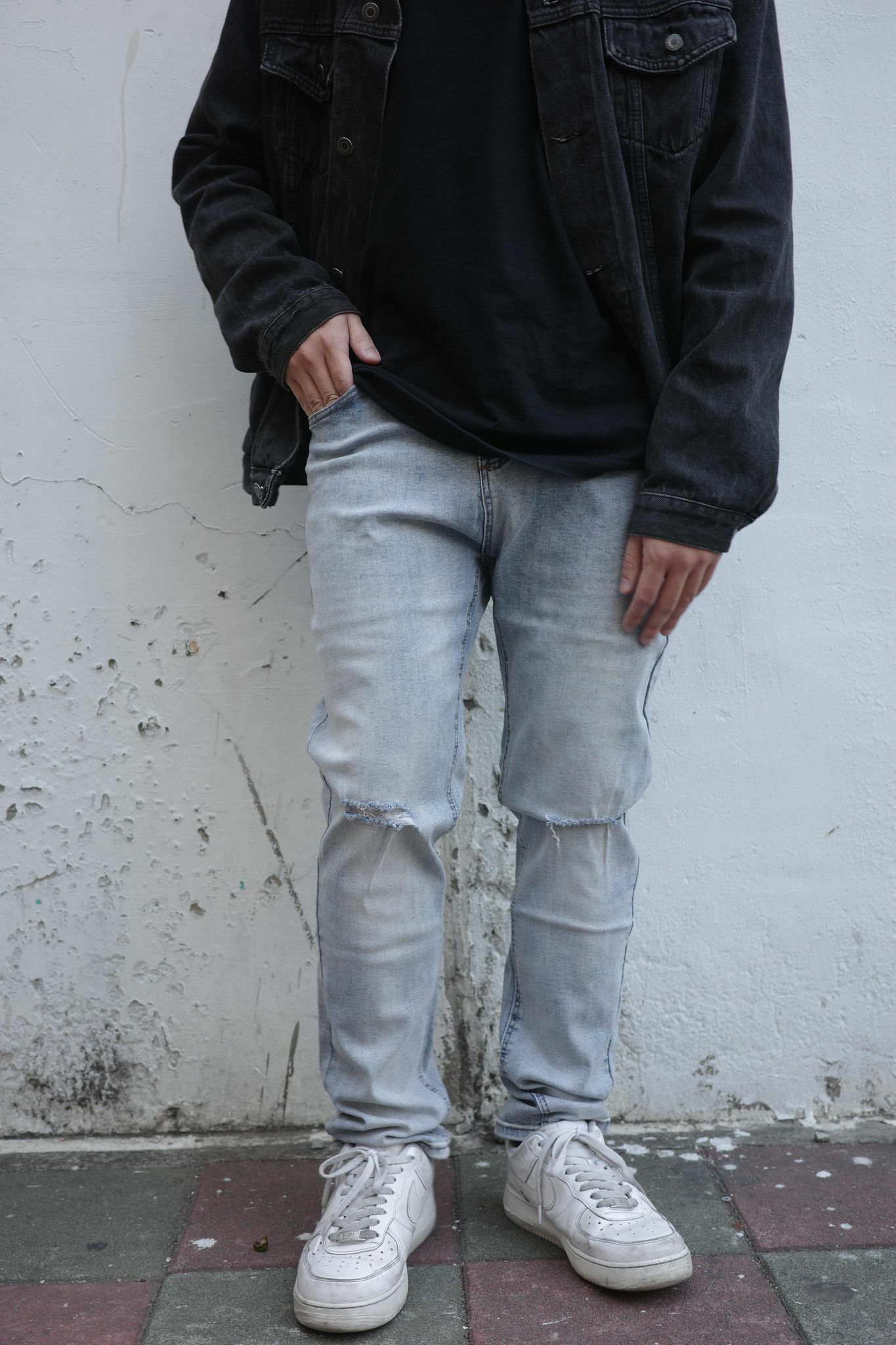 RECORD 高街膝蓋破壞 彈力牛仔褲 藍/黑 兩色 現貨 ( 15062 )