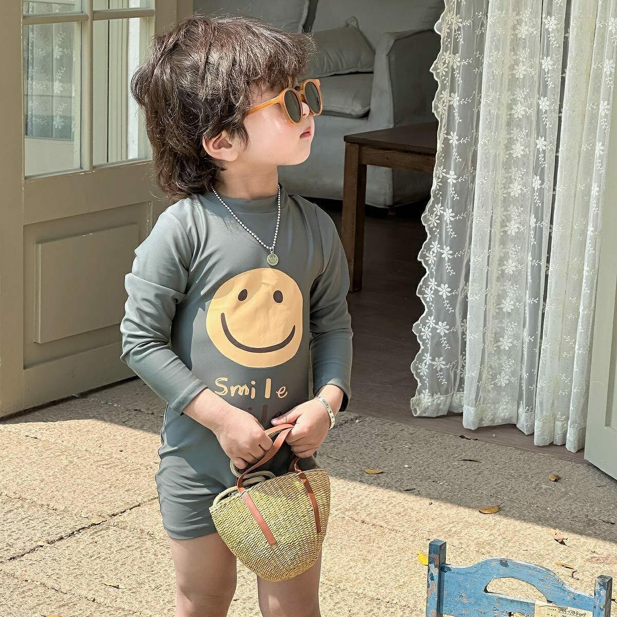 可愛笑臉長袖連身泳衣