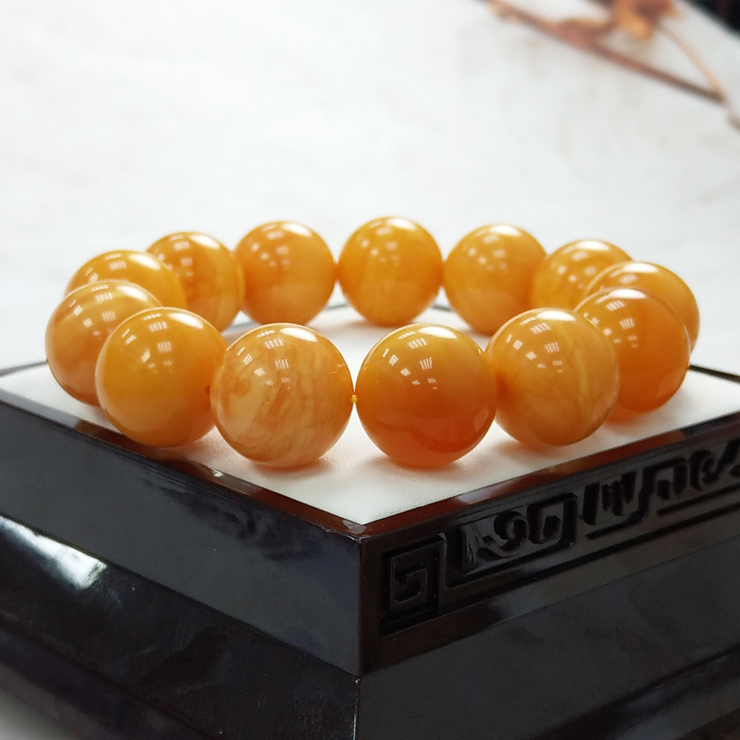 (已結緣)收藏款3A天然俄羅斯氧化老飄花雞油紅蜜蠟圓珠手鍊 16+mm
