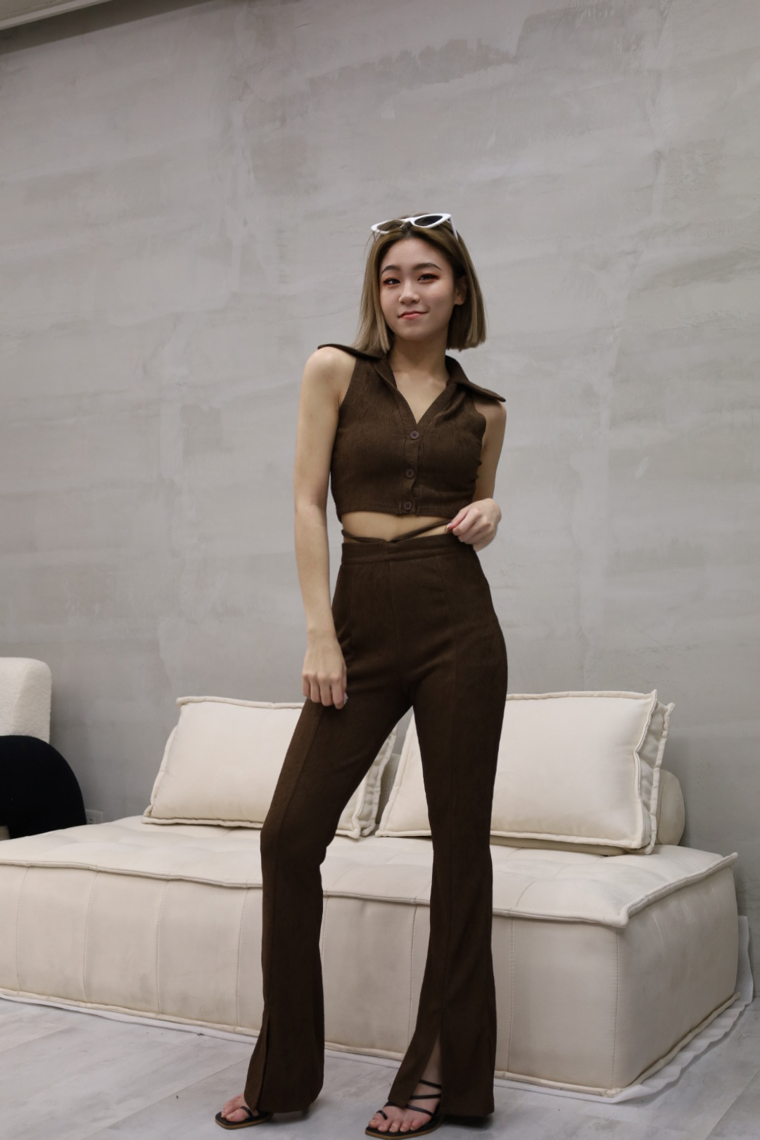 素面針織大翻領套裝