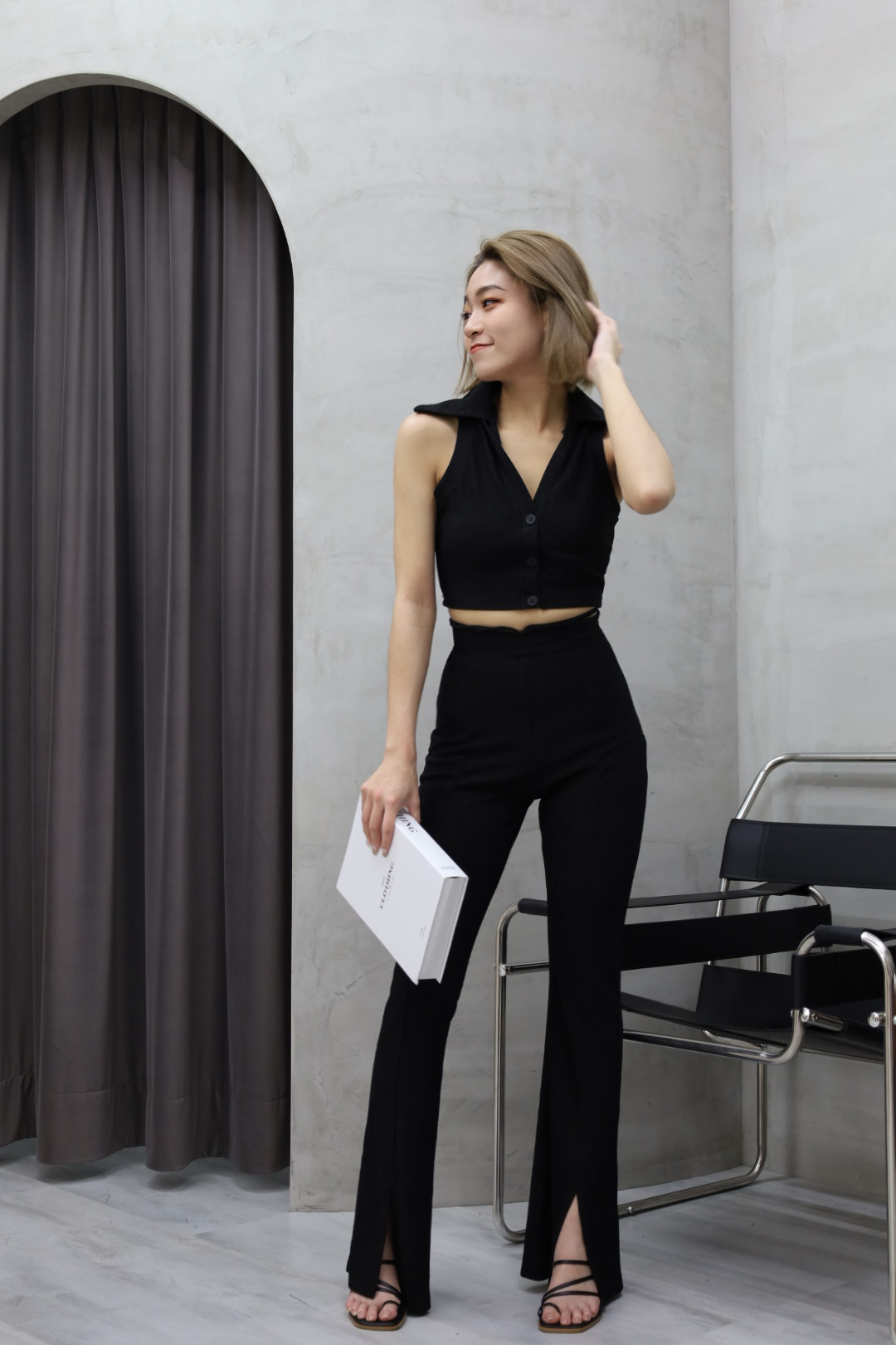 素面針織大翻領套裝