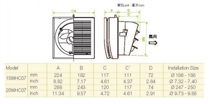 KDK 20WHC07 8'' 前方後圓 抽氣扇