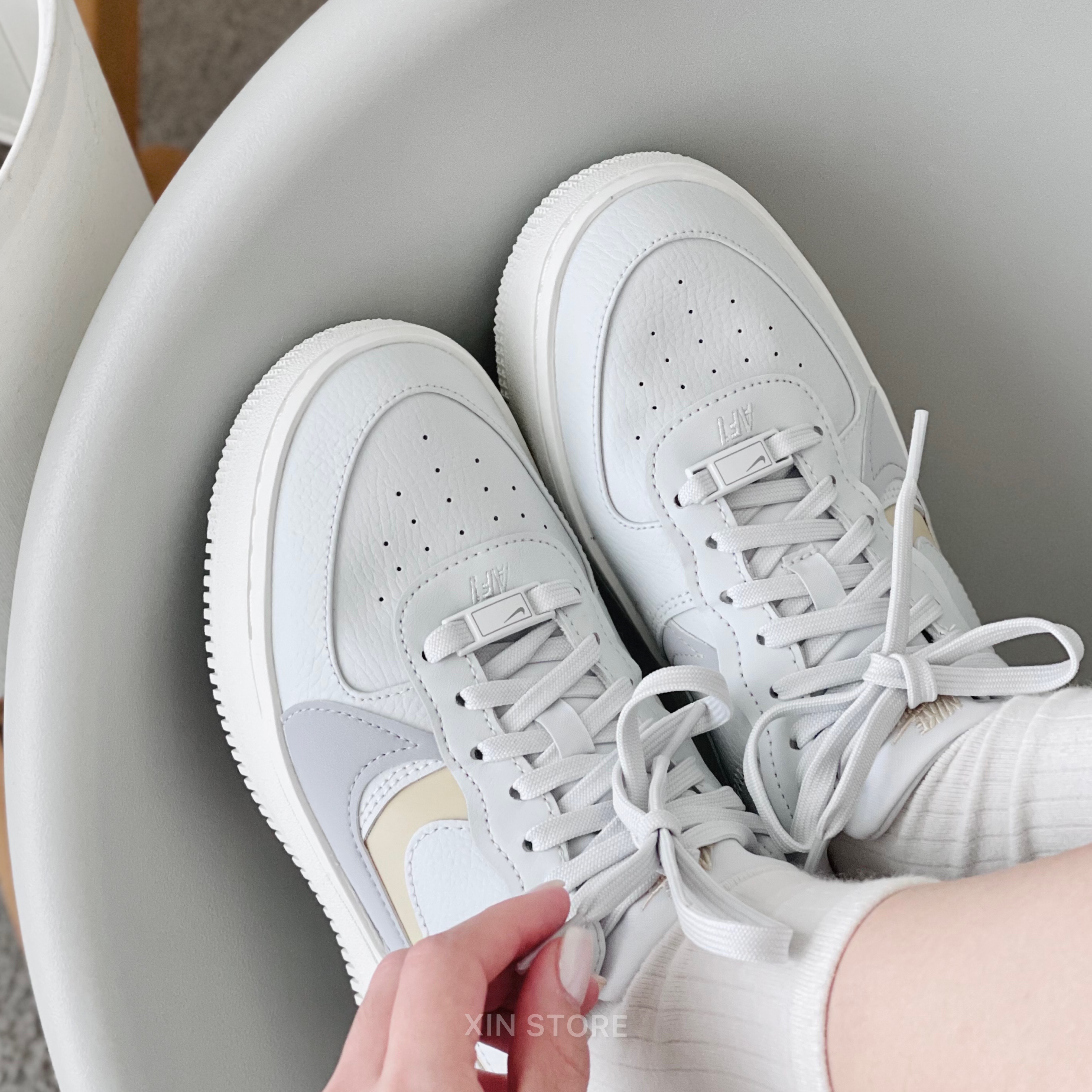 Nike W Air Force 1 PLT.AF.ORM 休閒鞋厚底增高皮革金灰雙勾白灰