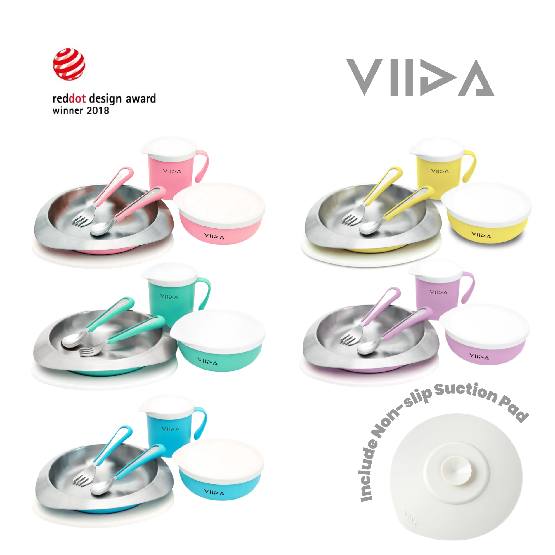 Viida Soufflé Antibacterial Stainless Steel Tableware Set with Suction Pad (EU)