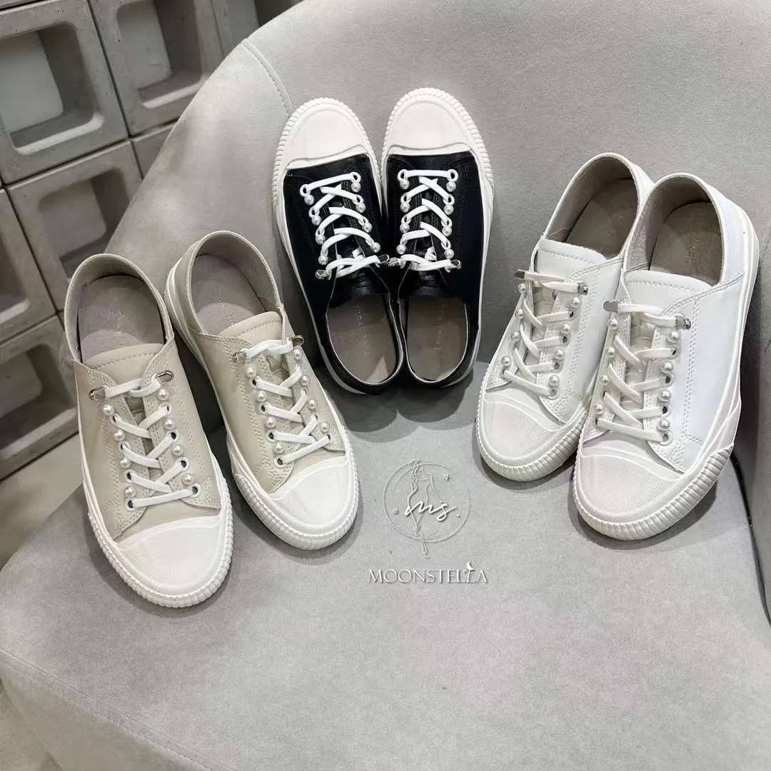 氣質珍珠假鞋帶牛皮休閒鞋