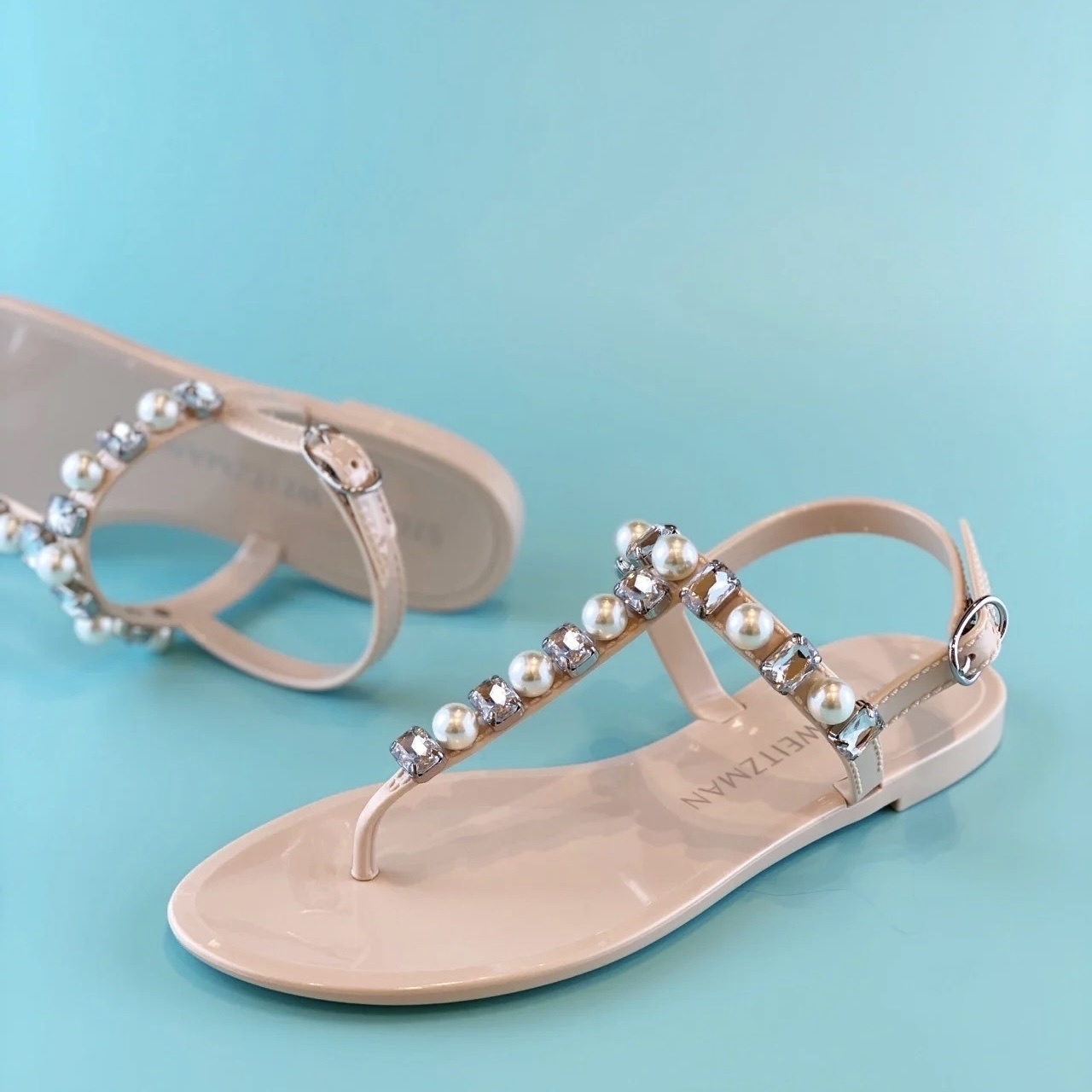 SW 粉色珍珠水鑽涼鞋