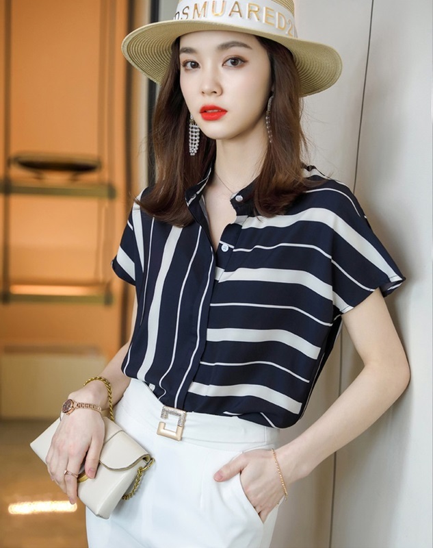 立領橫豎條雪紡襯衫 條紋