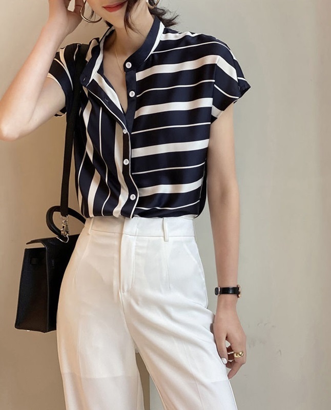 立領橫豎條雪紡襯衫 條紋