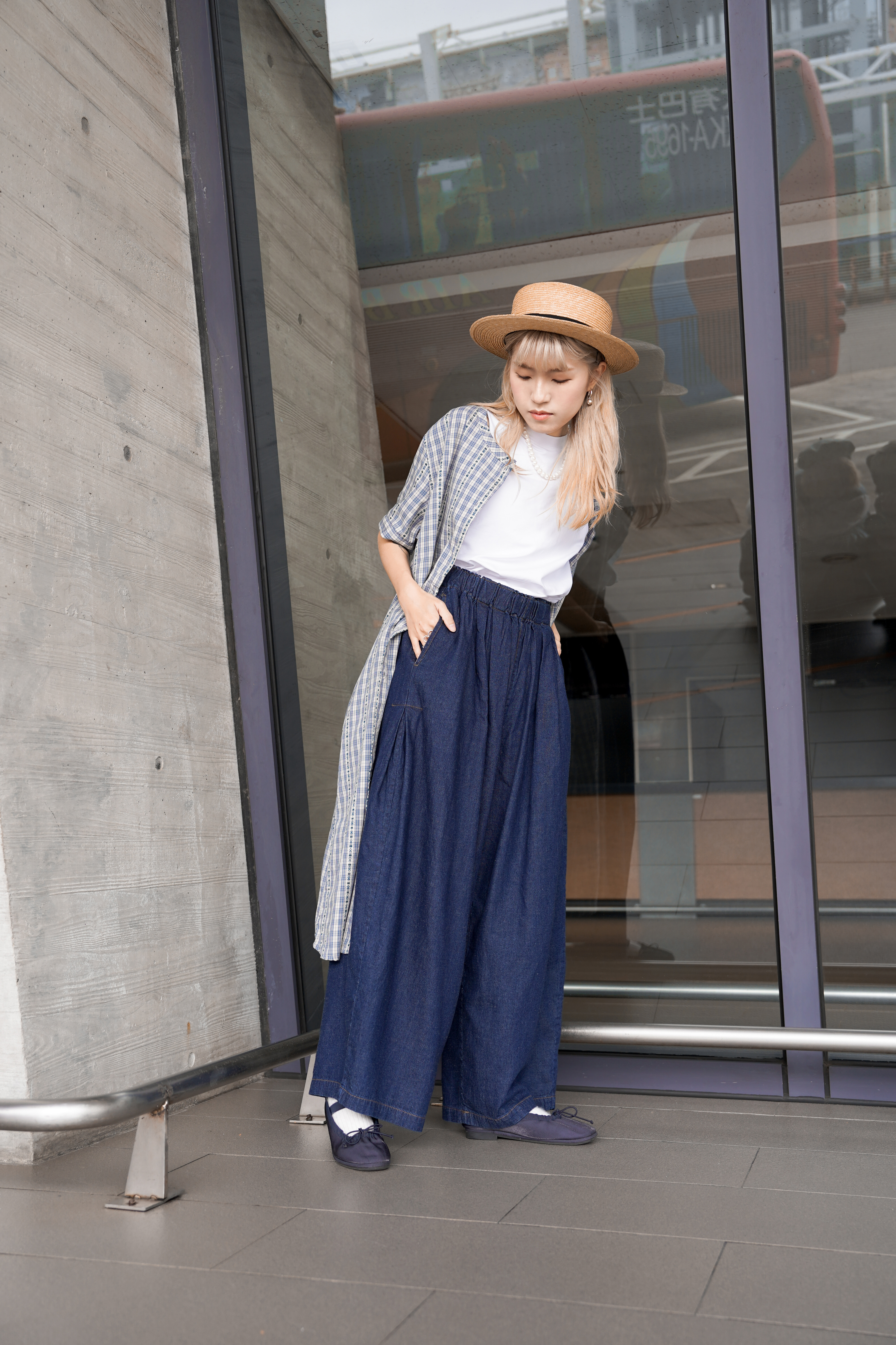 超闊鬆緊繭型牛仔褲