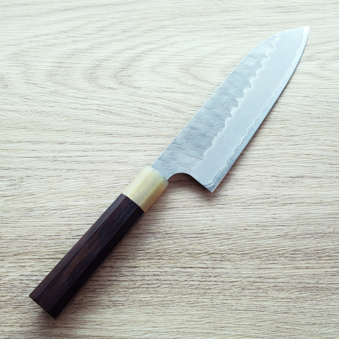 二唐刃物 三德 165mm 青紙超級鋼 柳葉磨鎚目