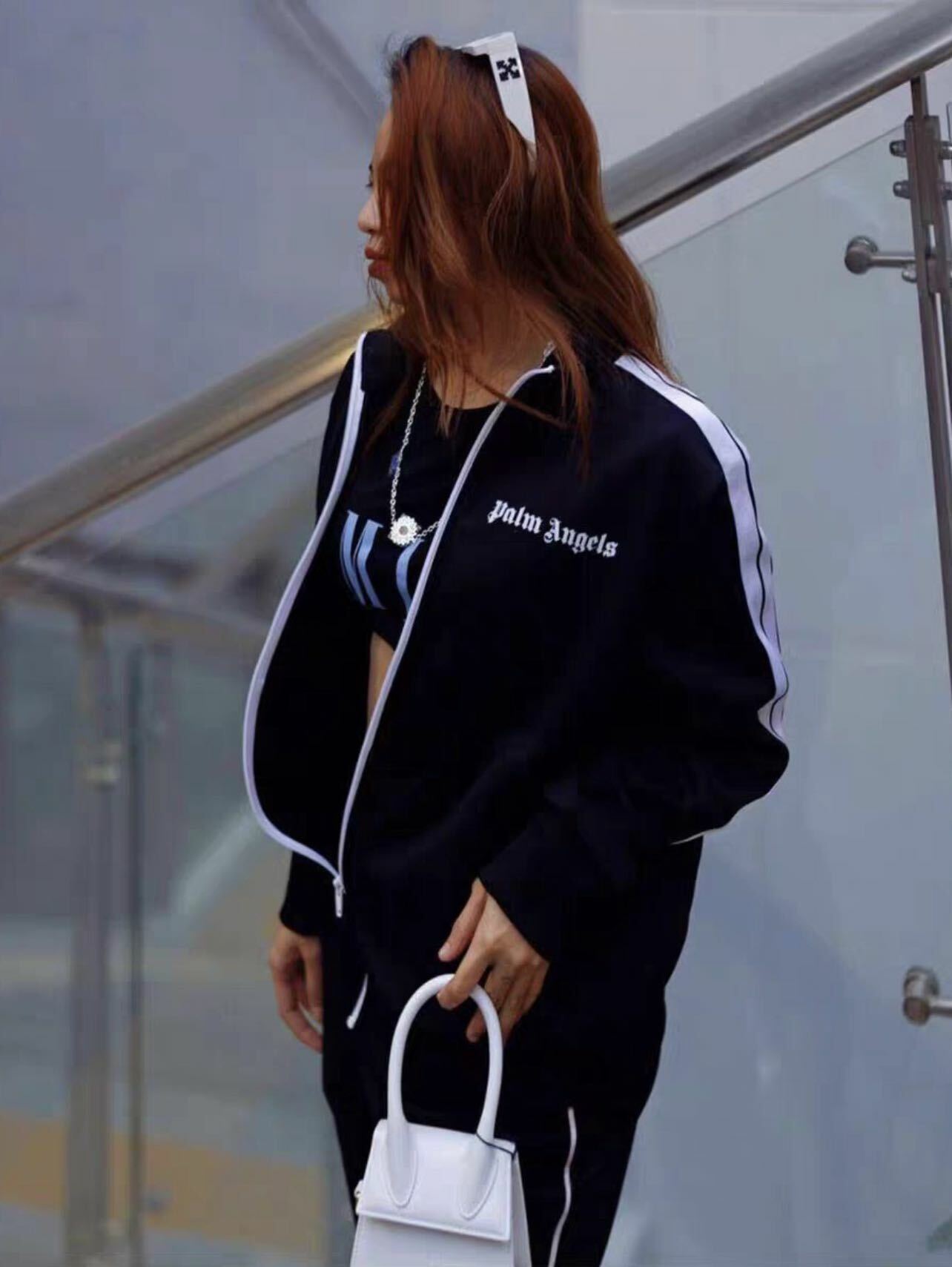 PALM ANGELS 織帶字體Logo拉鍊運動外套 黑白/彩虹