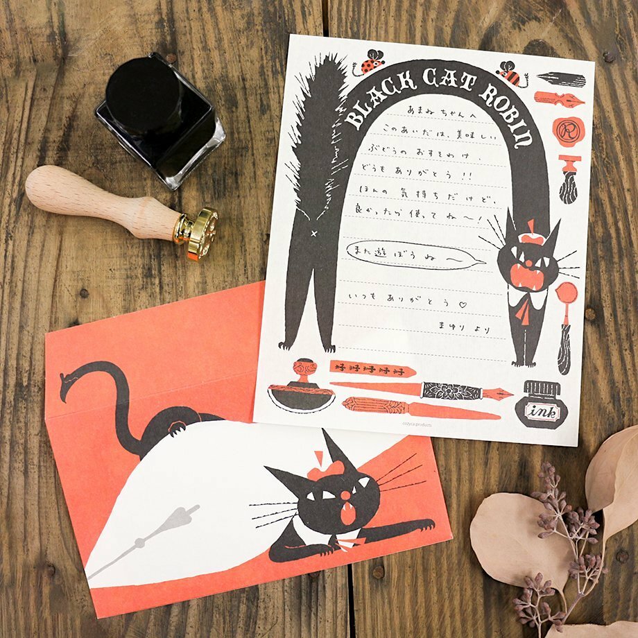 Hyogensha Mino Washi Letter and Envelope Set－Black Cat Robin (Japanese Stationery Brand)