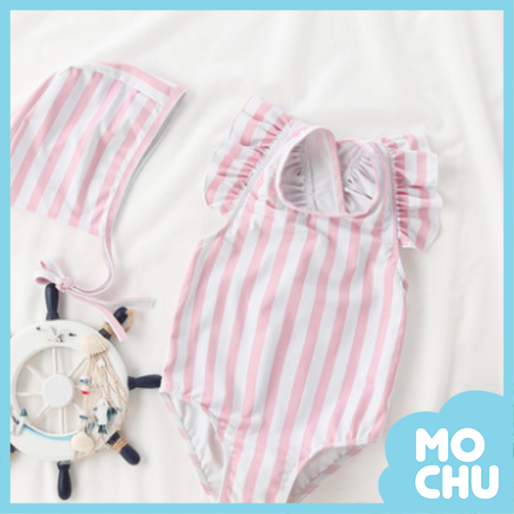 粉白豎條紋連身泳裝