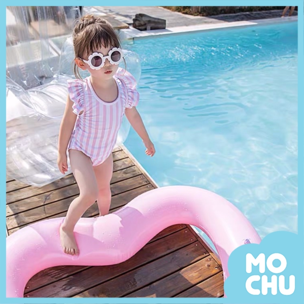 粉白豎條紋連身泳裝