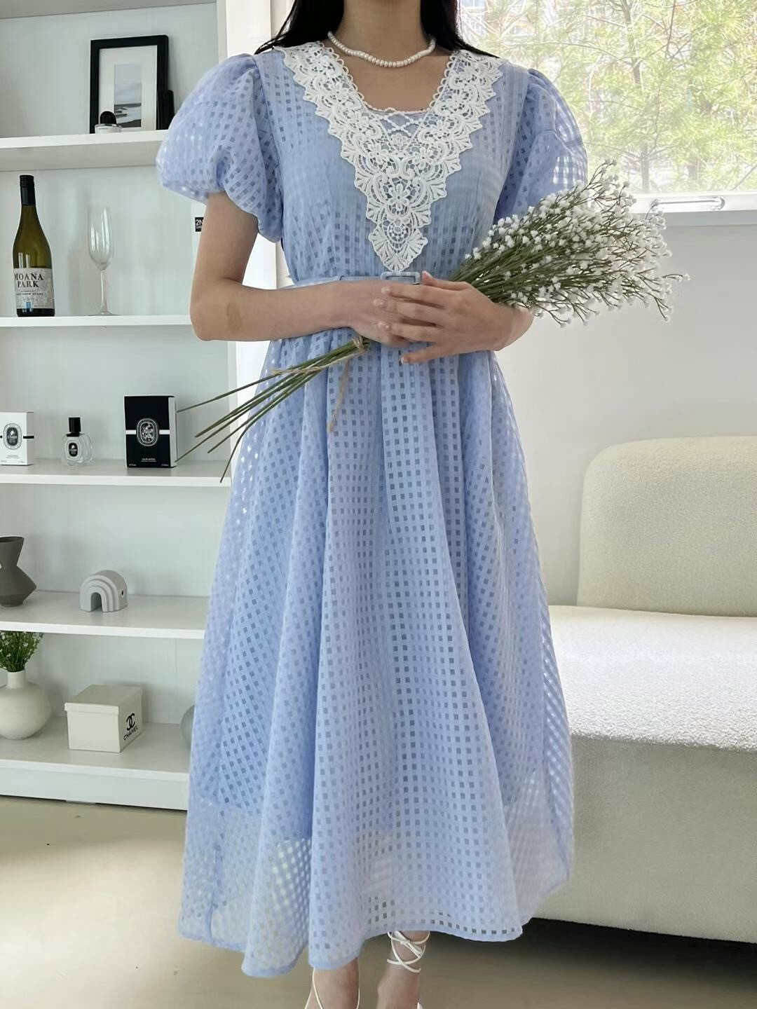 2305174格狀布公主袖蕾絲長洋裝