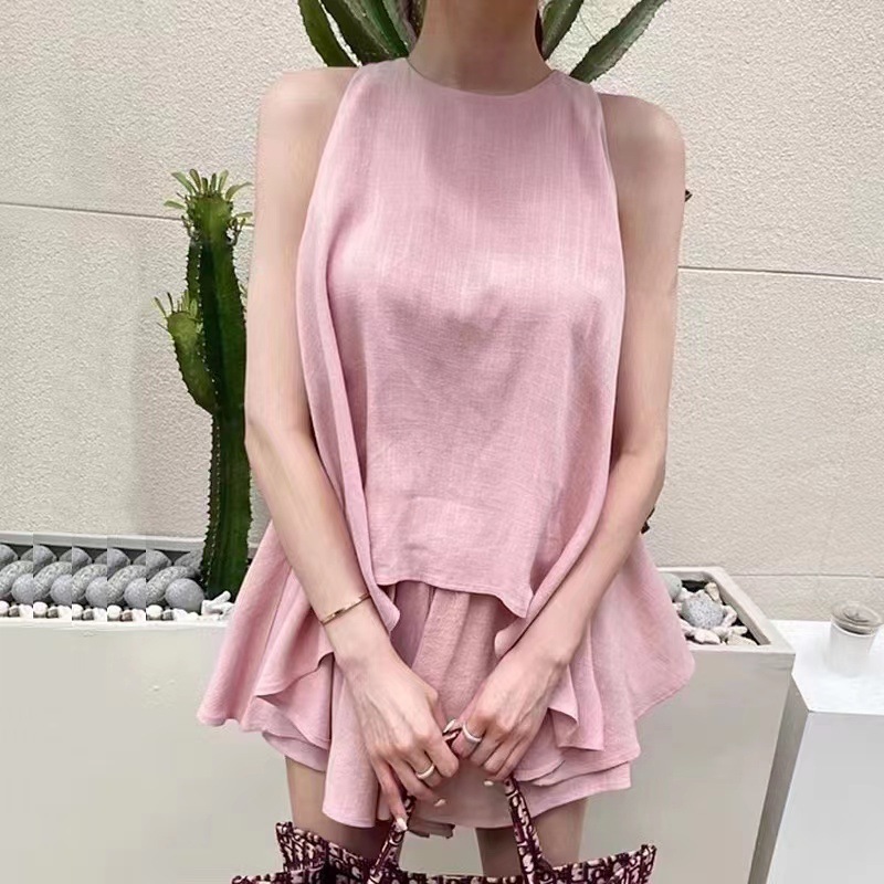 不規則無袖上衣+高腰褲裙(2件組)(黑/白/粉/卡其)