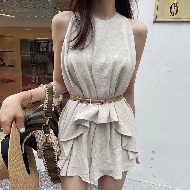 不規則無袖上衣+高腰褲裙(2件組)(黑/白/粉/卡其)