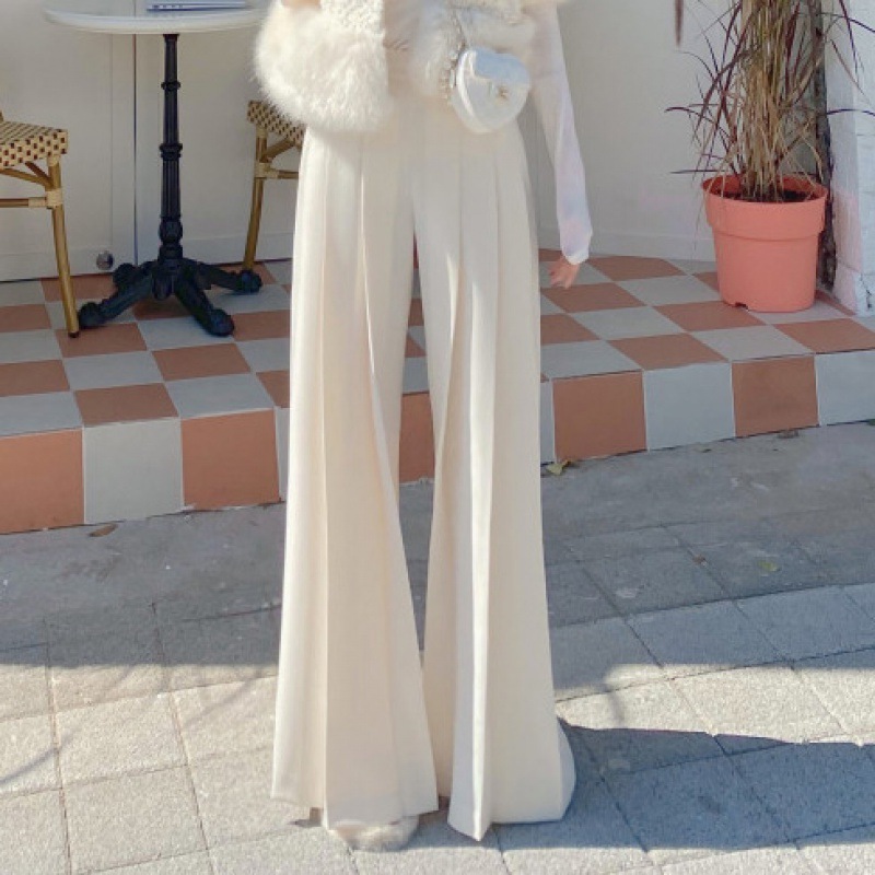 高腰壓褶 拖地質感休閒褲(黑/白/卡其/藏青)