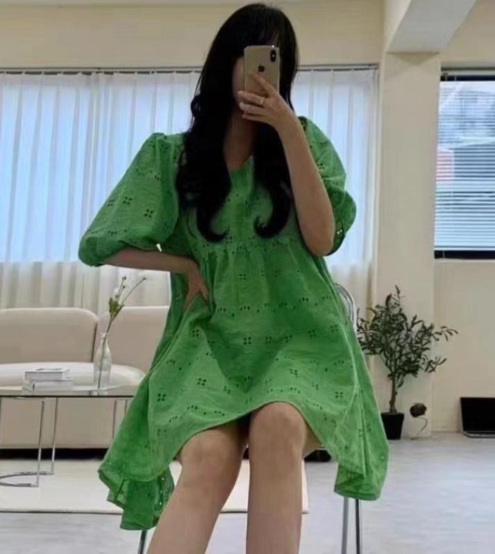 刺繡簍空 棉質娃娃裝(白/綠/黑)