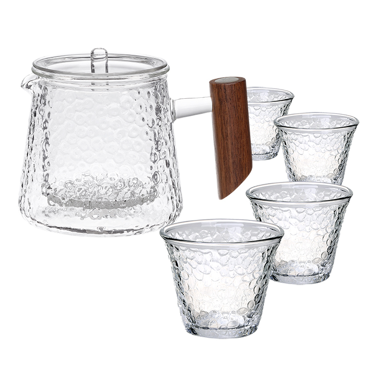 【組合】鎚紋木玻璃濾茶壺(400ml)+鎚目紋杯(70ml)x 4