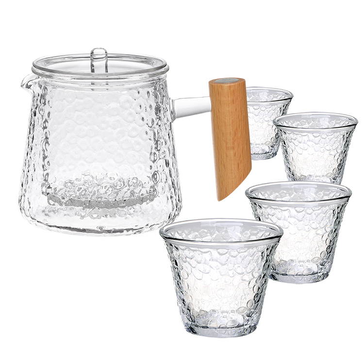 【組合】鎚紋木玻璃濾茶壺(400ml)+鎚目紋杯(70ml)x 4