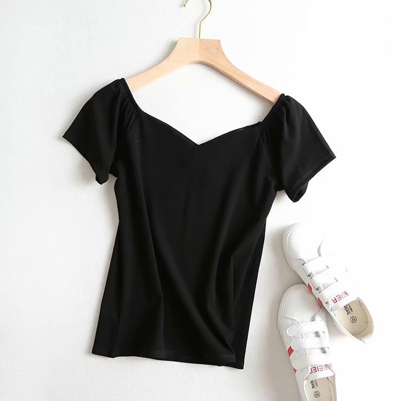 桃心領褶袖柔棉上衣 三色