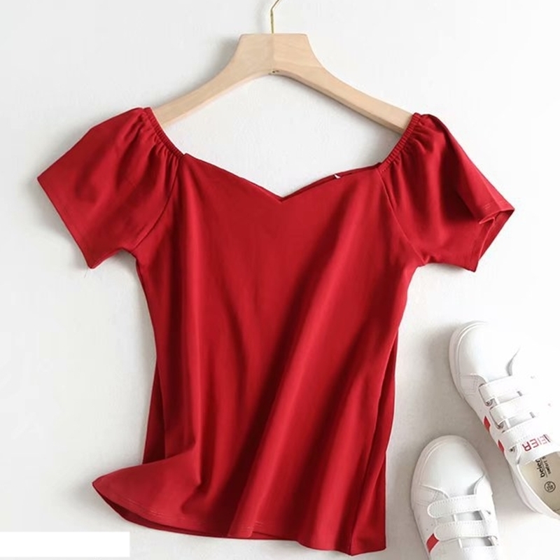 桃心領褶袖柔棉上衣 三色