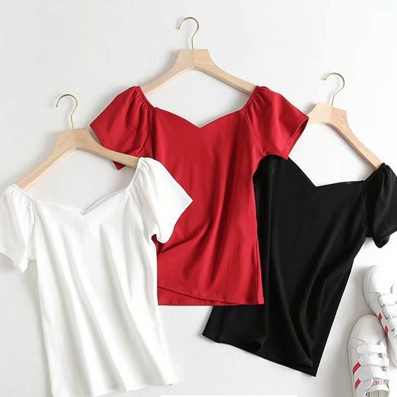 桃心領褶袖柔棉上衣 三色