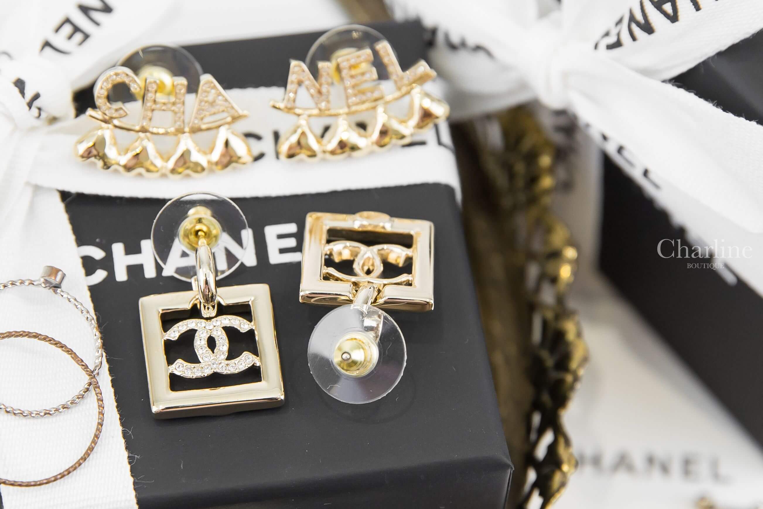 Chanel Earrings 金色簍空水鑽CC方型垂墜耳環-Charline Boutique 精品代購