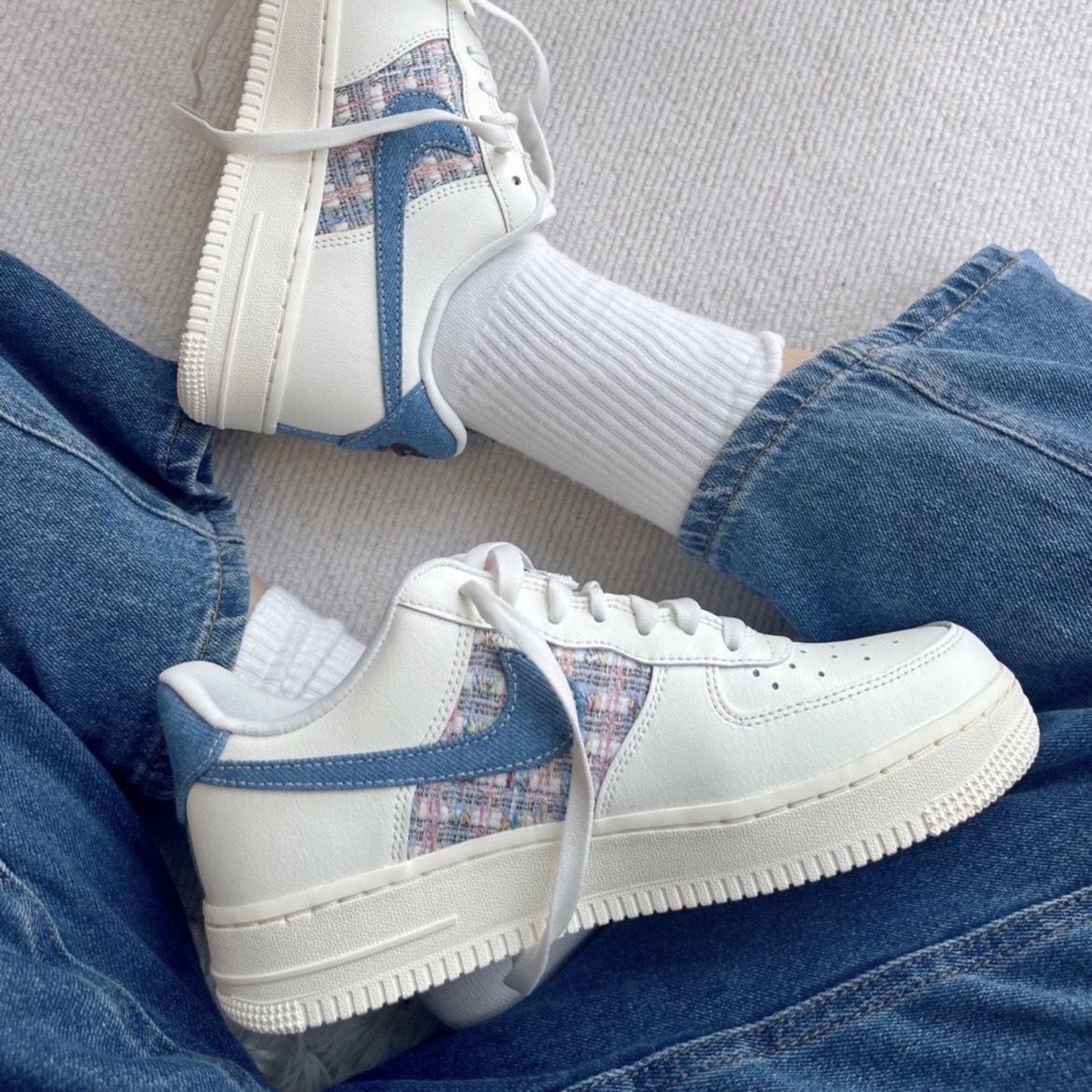 Nike Air Force 1 "JUST DO IT" 刺繡白藍 小香風 FJ7740-141